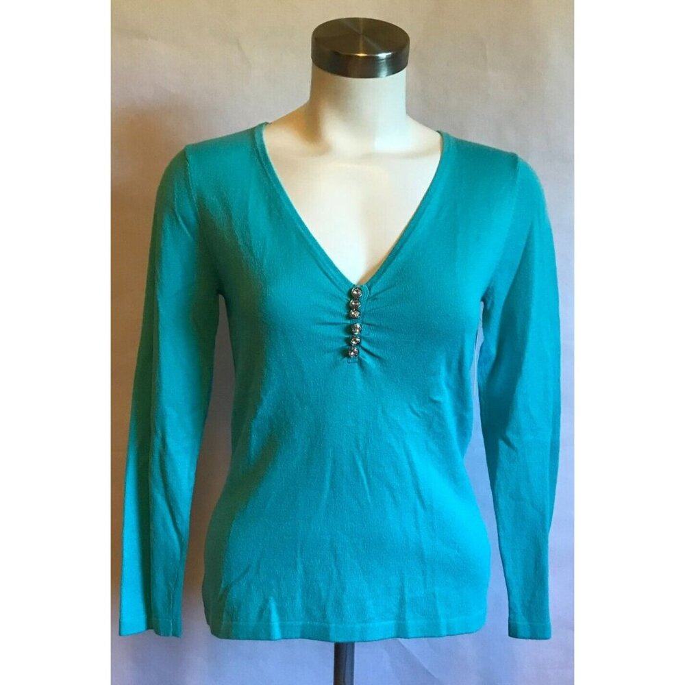 Michael Kors Teal Blue V-Neck Sweater W/ Jeweled Buttons, Size Medium
